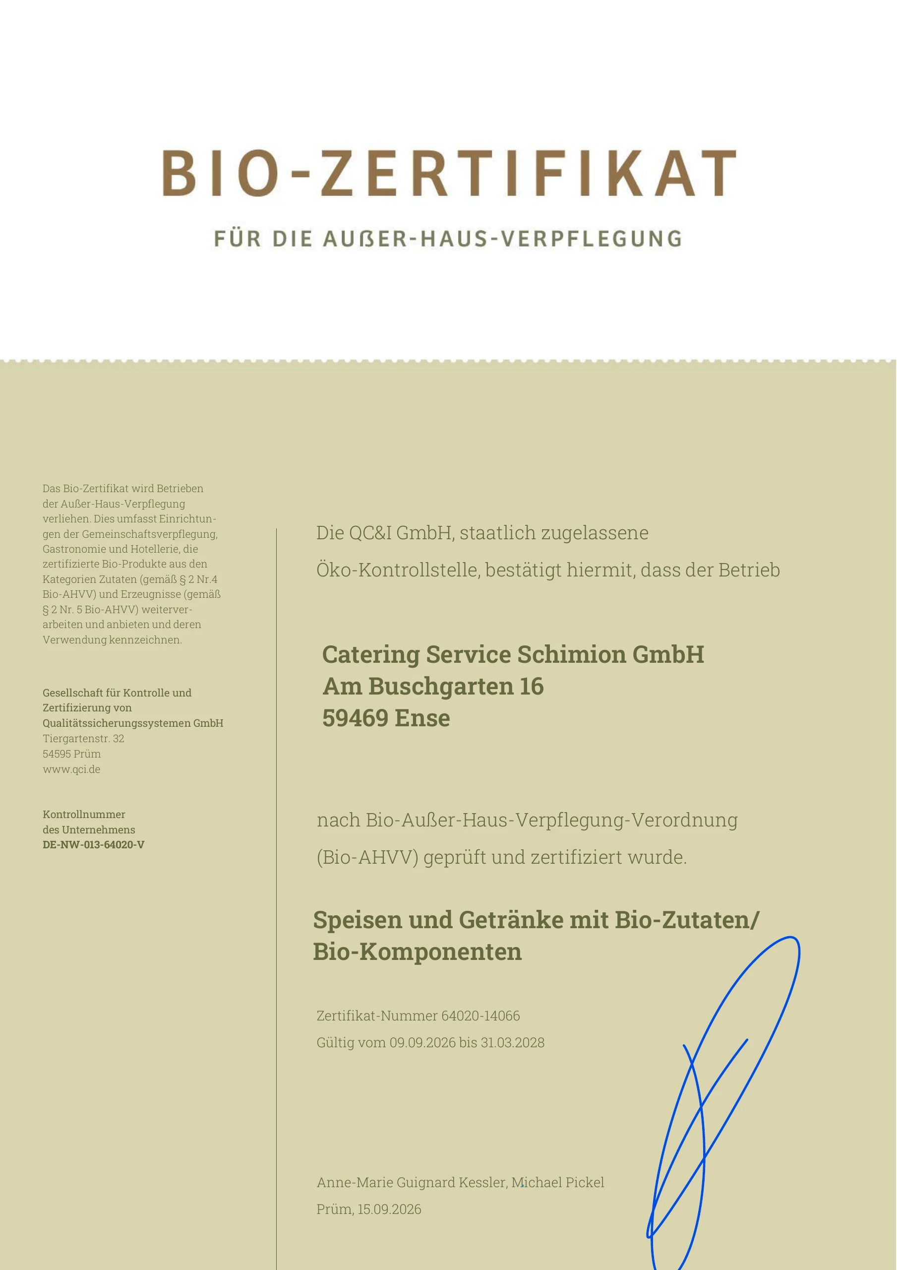 Bio-Zertifikat für die Außer-Haus-Verpflegung, Catering Service Schimion GmbH, gültig vom 09.09.2026 bis 31.03.2028