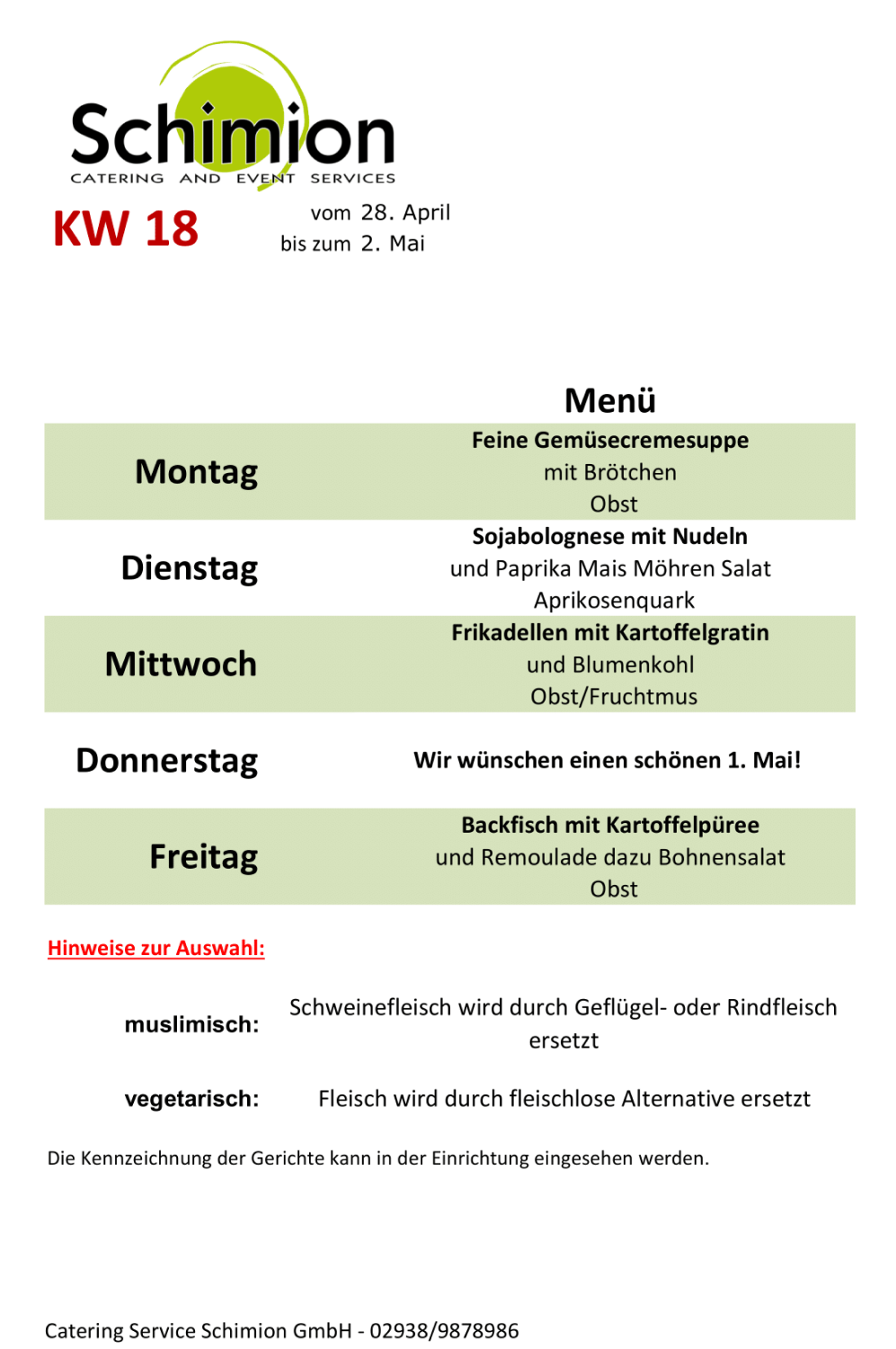 Schimion Cateringservice, Speiseplan für den Kindergarten 
