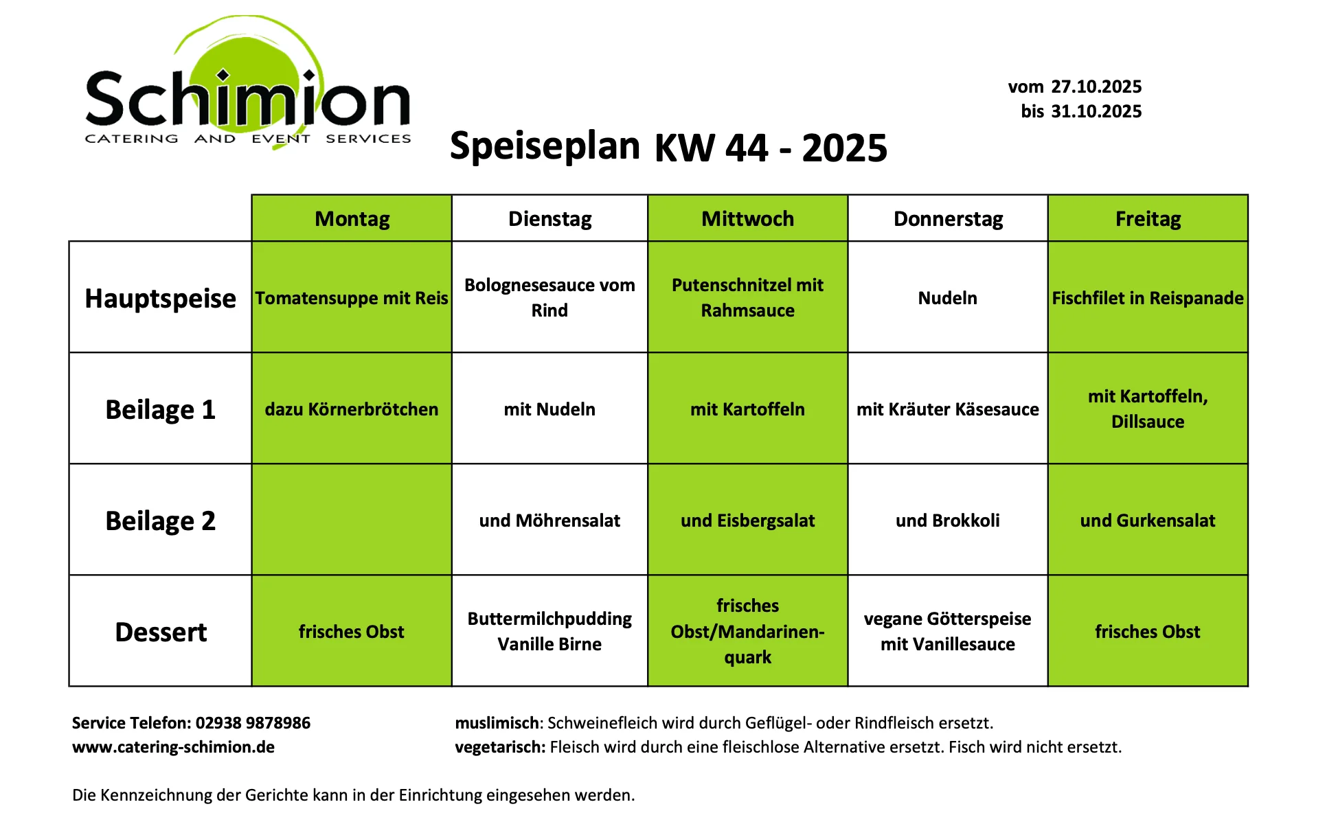 Schimion Cateringservice, Speiseplan für den Kindergarten 