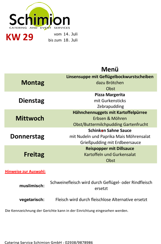 Schimion Cateringservice, Speiseplan für den Kindergarten 