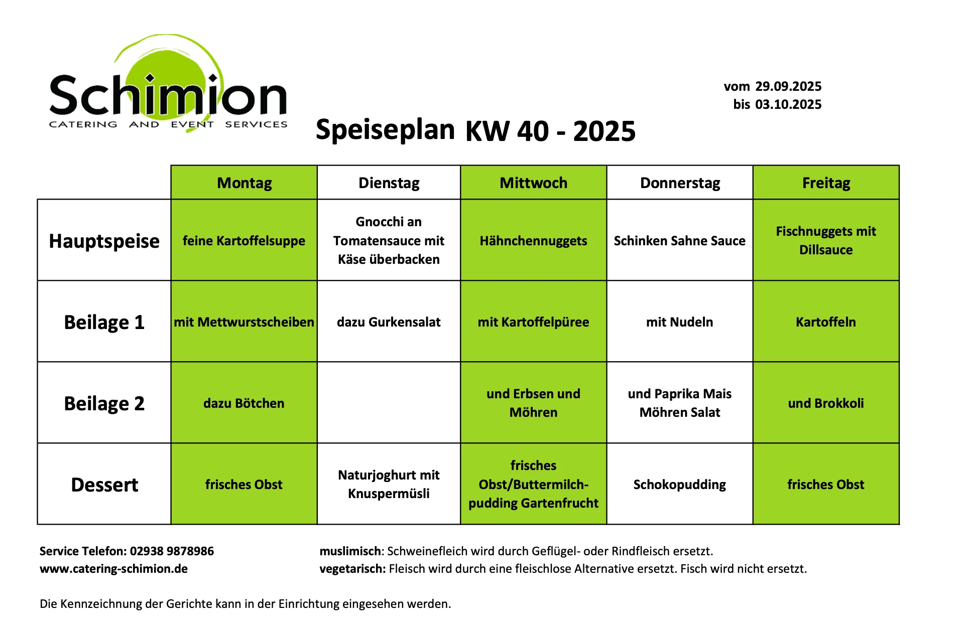 Schimion Cateringservice, Speiseplan für den Kindergarten 