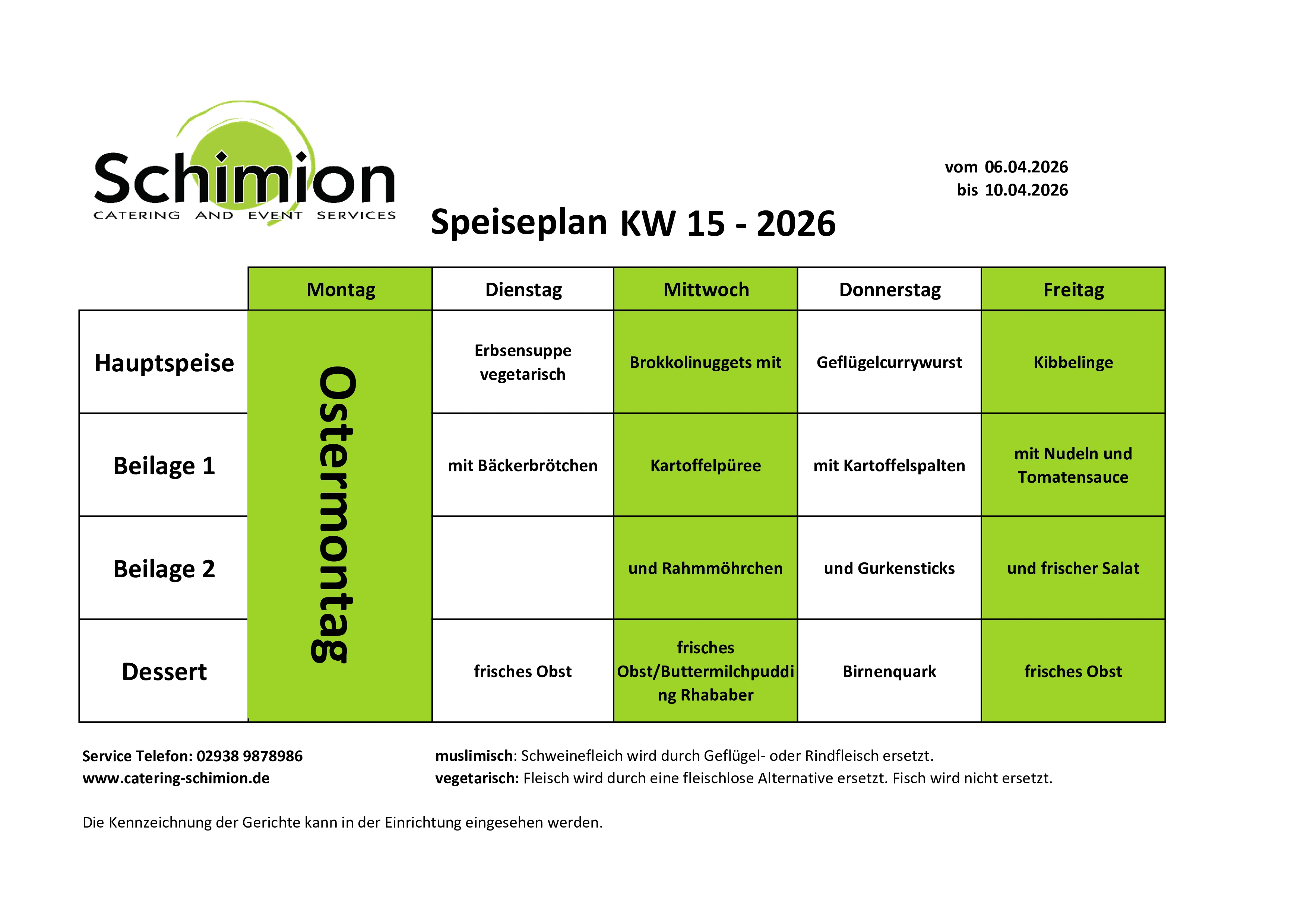 Schimion Cateringservice, Speiseplan für den Kindergarten 