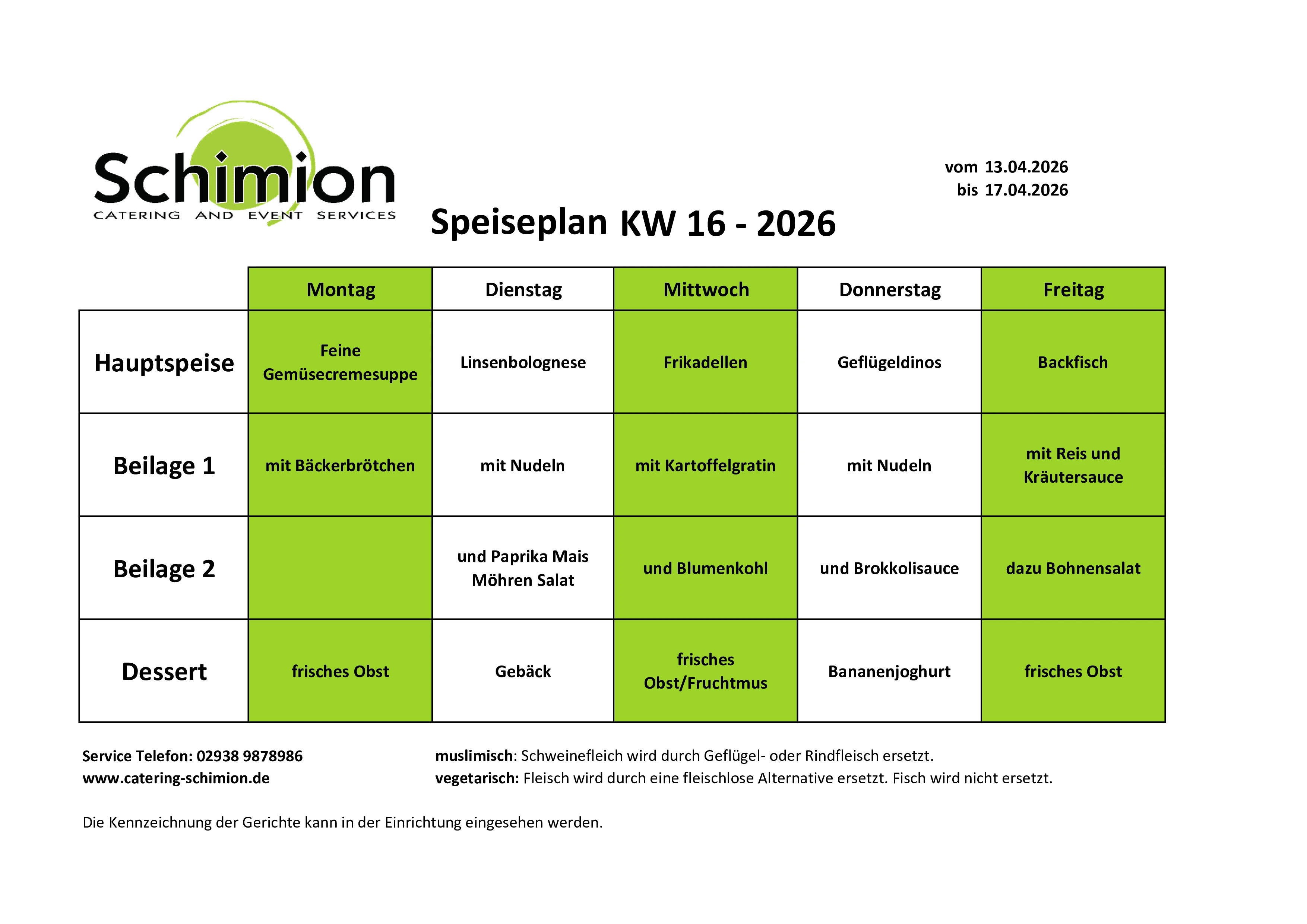 Schimion Cateringservice, Speiseplan für den Kindergarten 