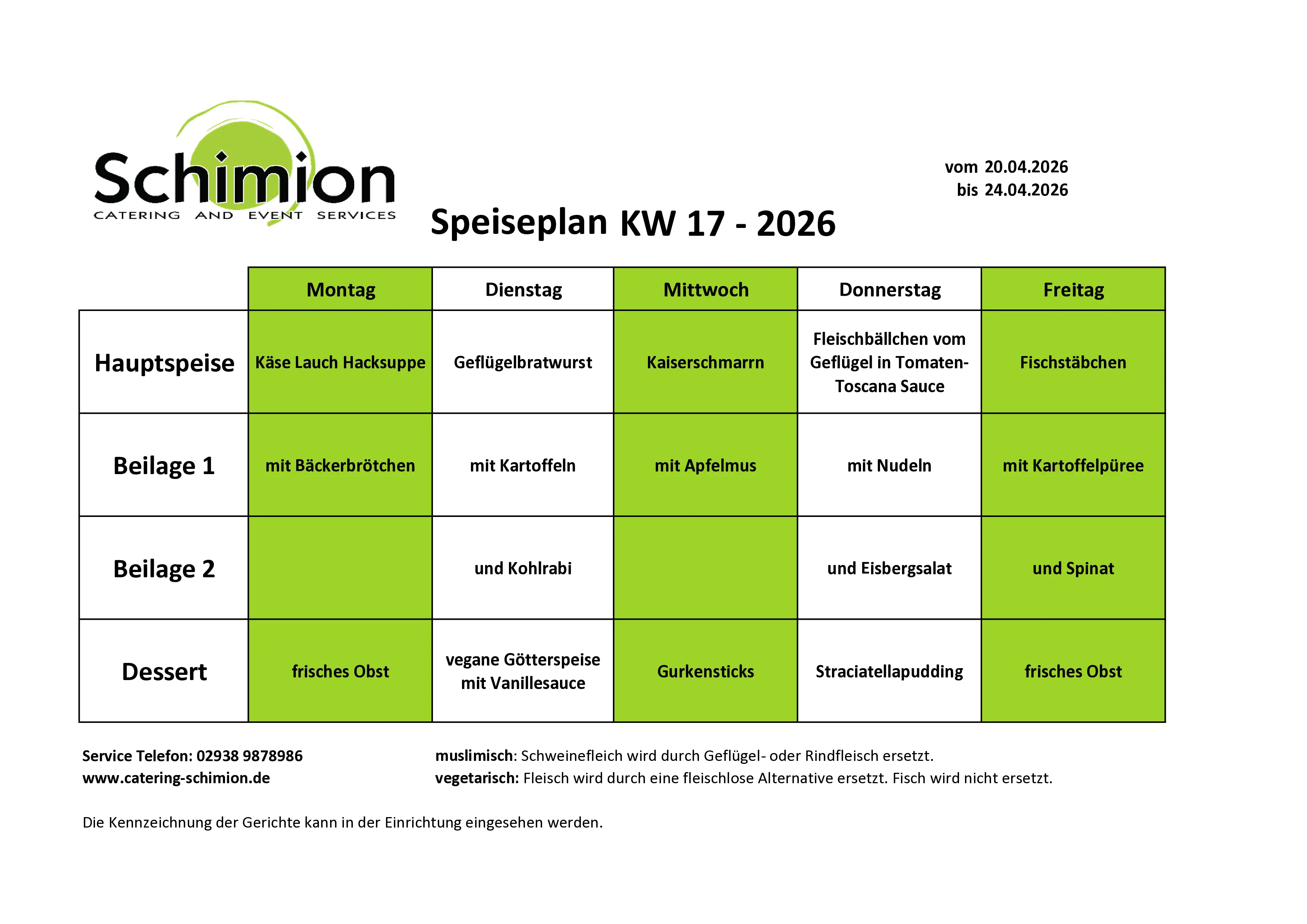 Schimion Cateringservice, Speiseplan für den Kindergarten 