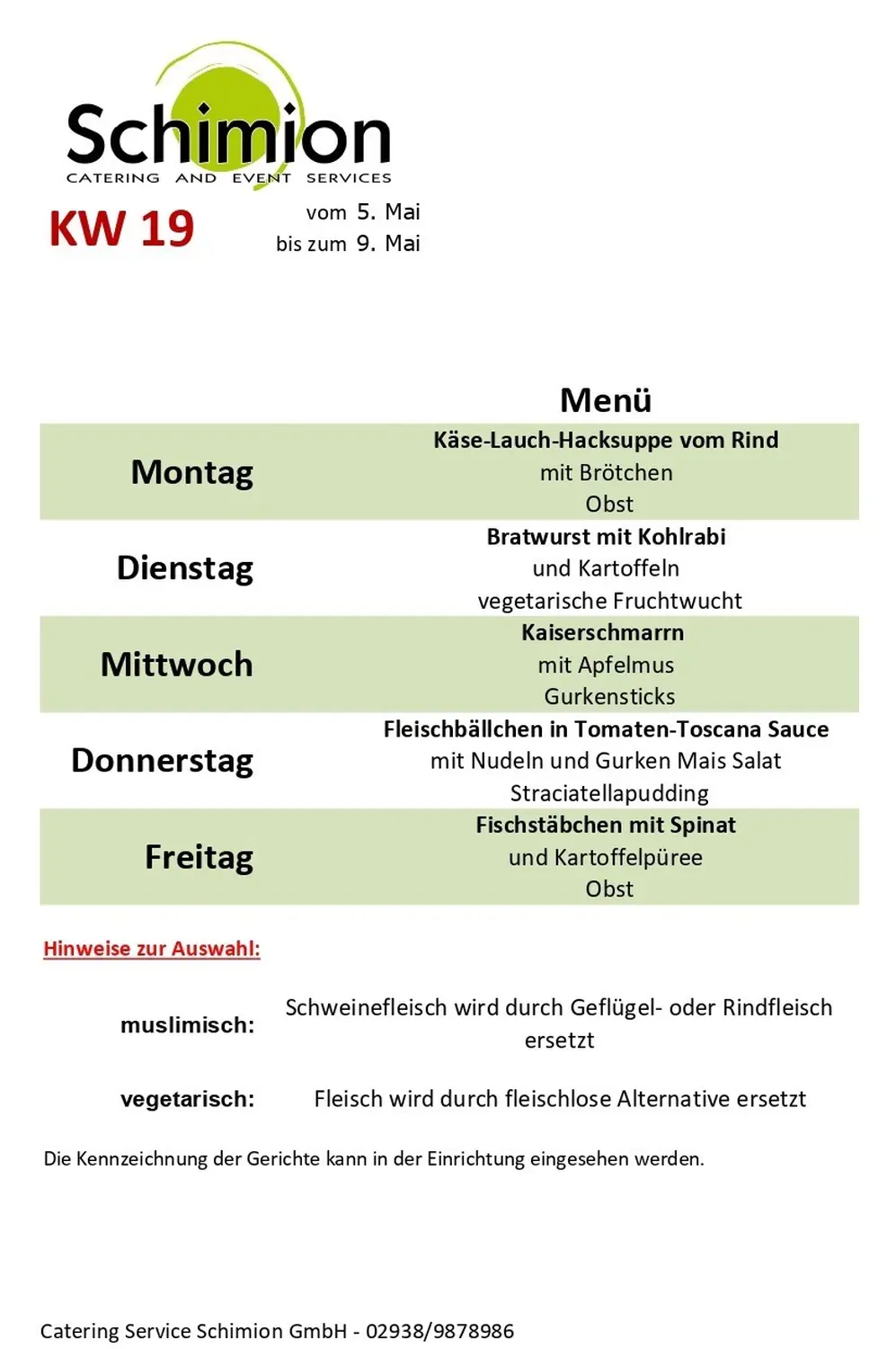 Schimion Cateringservice, Speiseplan für den Kindergarten 