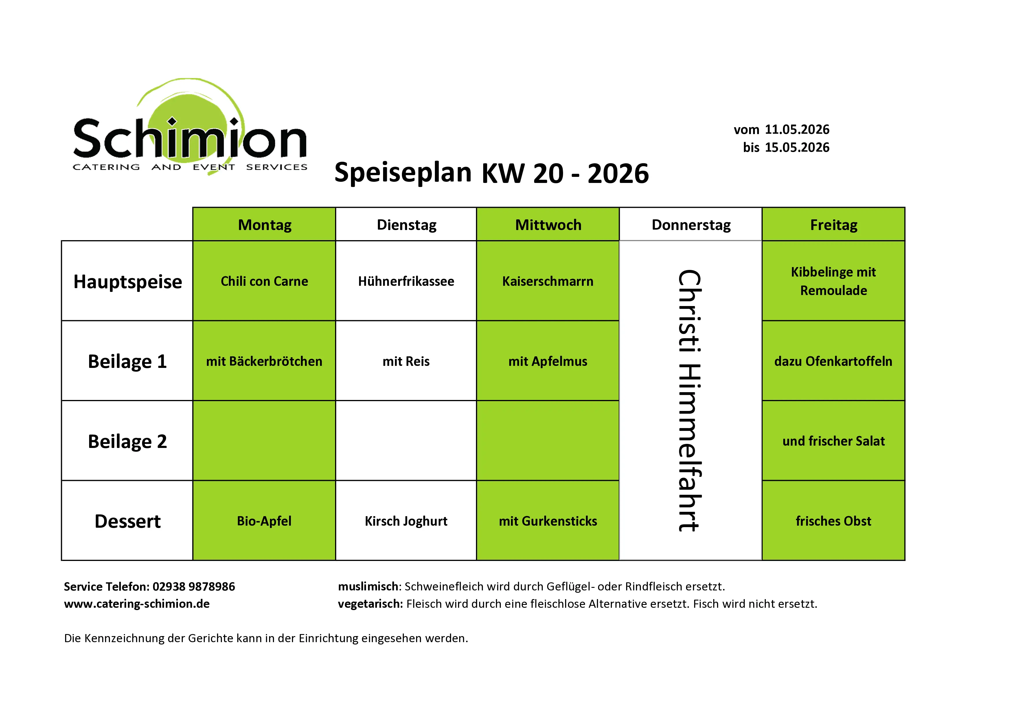 Schimion Cateringservice, Speiseplan für den Kindergarten 