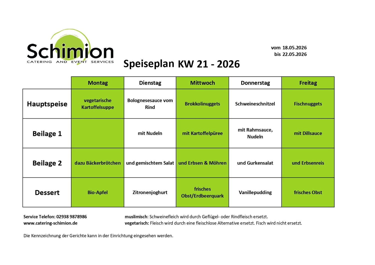 Schimion Cateringservice, Speiseplan für den Kindergarten 