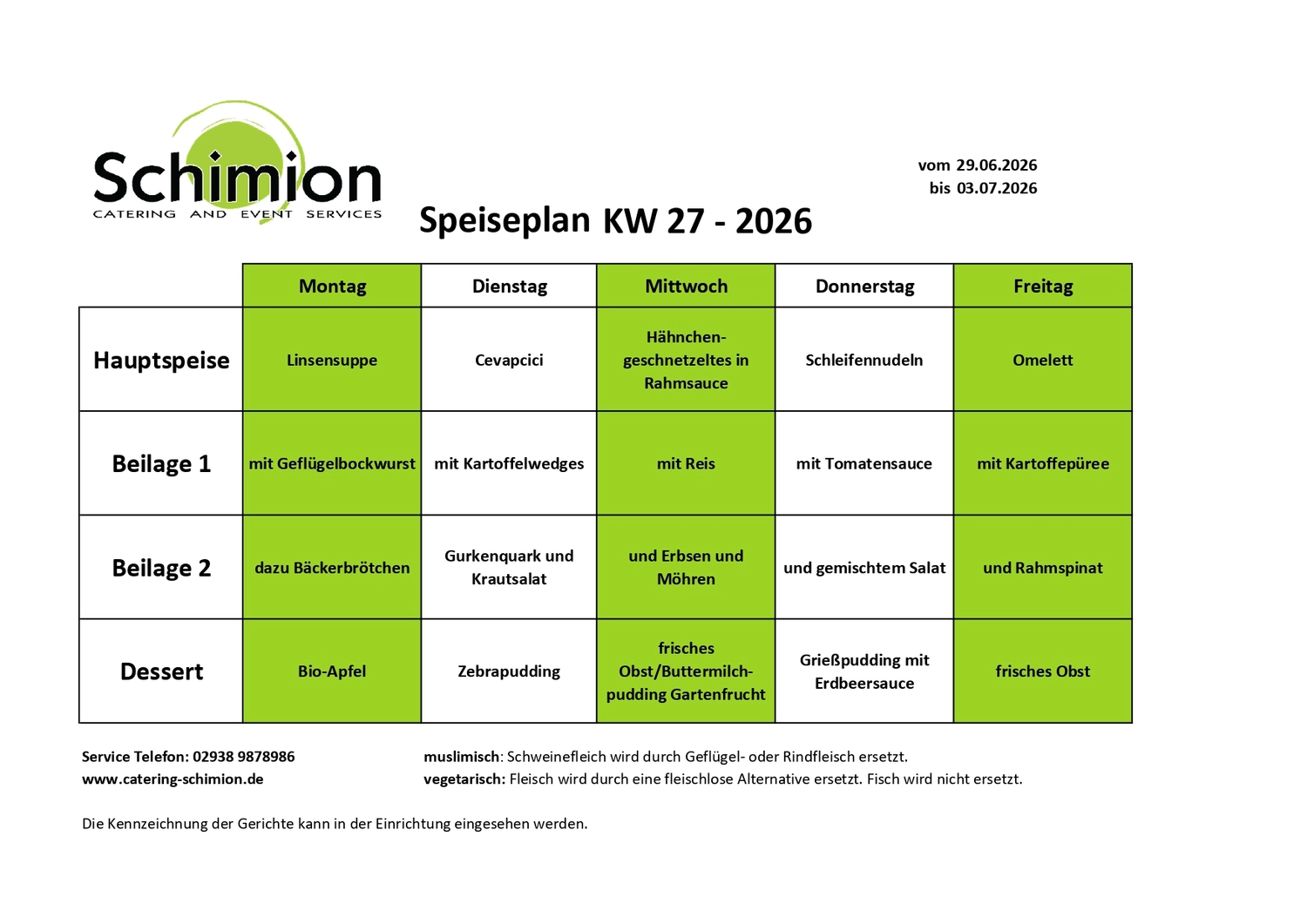 Schimion Cateringservice, Speiseplan für den Kindergarten 
