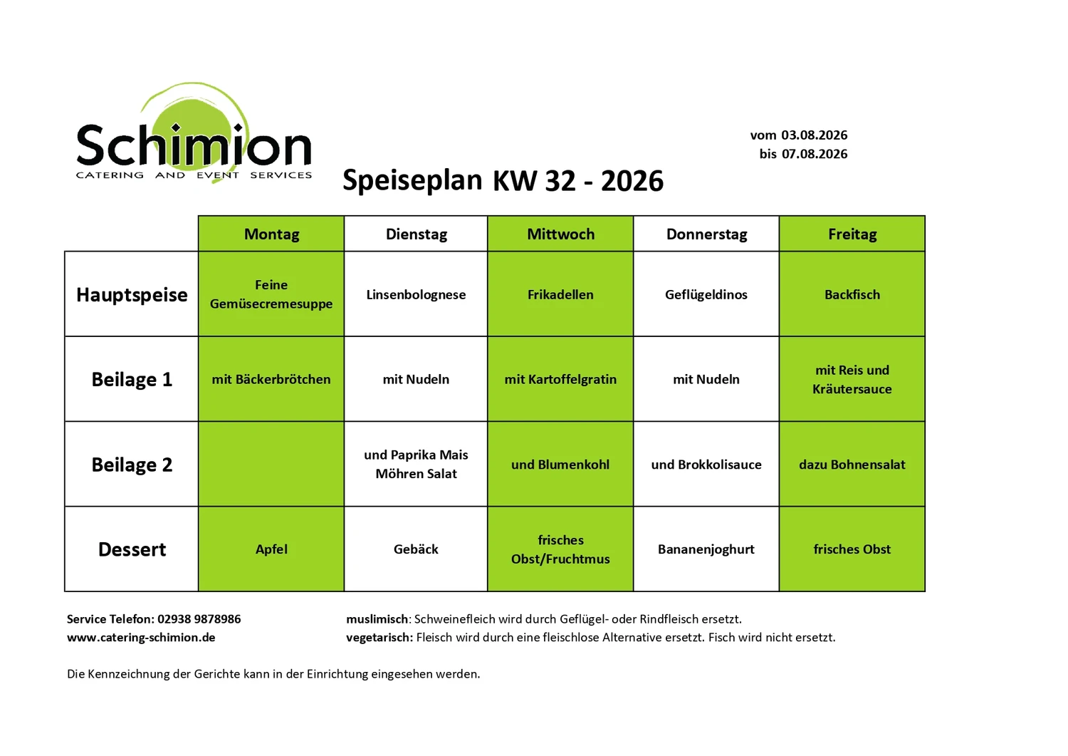 Schimion Cateringservice, Speiseplan für den Kindergarten 