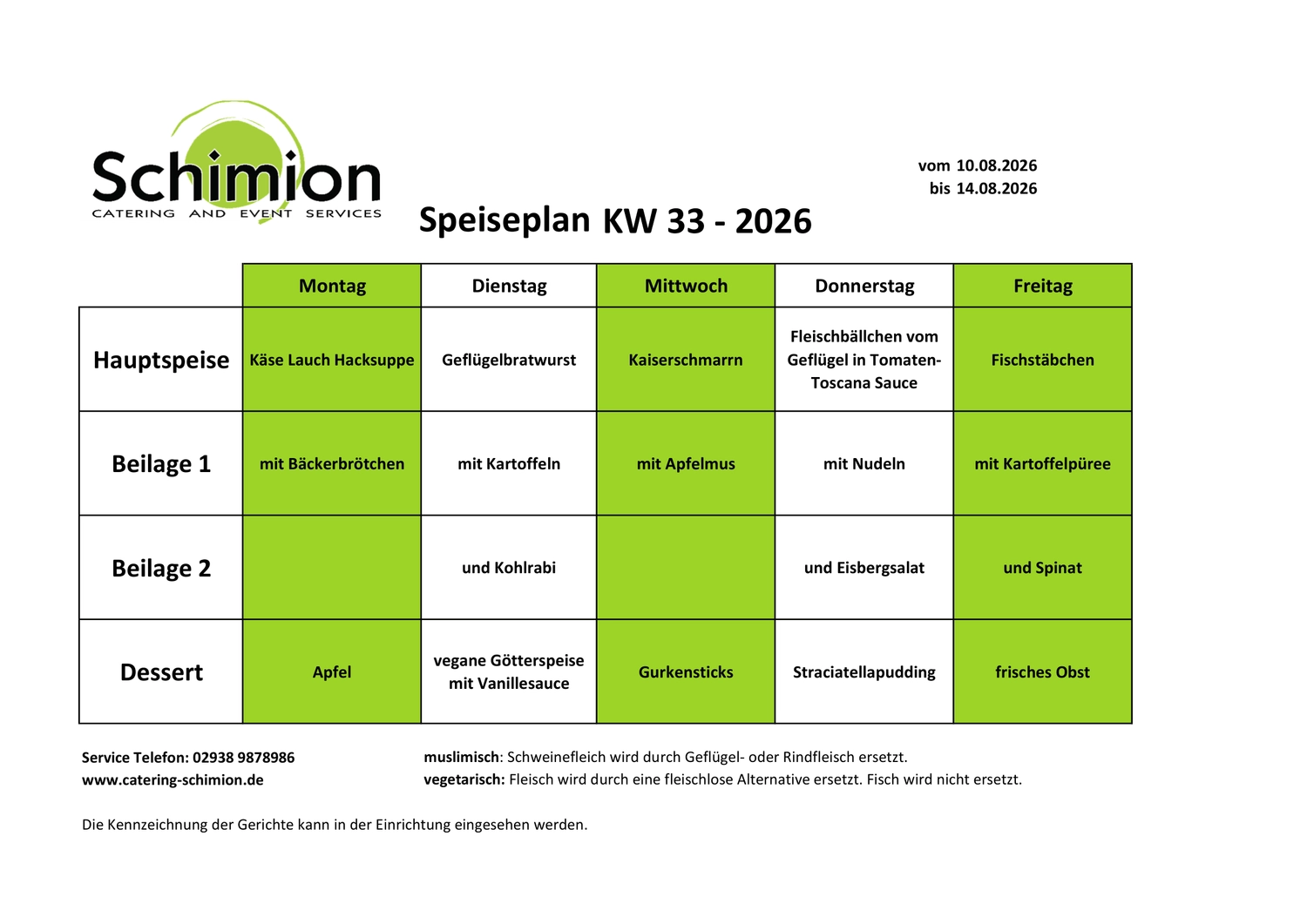 Schimion Cateringservice, Speiseplan für den Kindergarten 