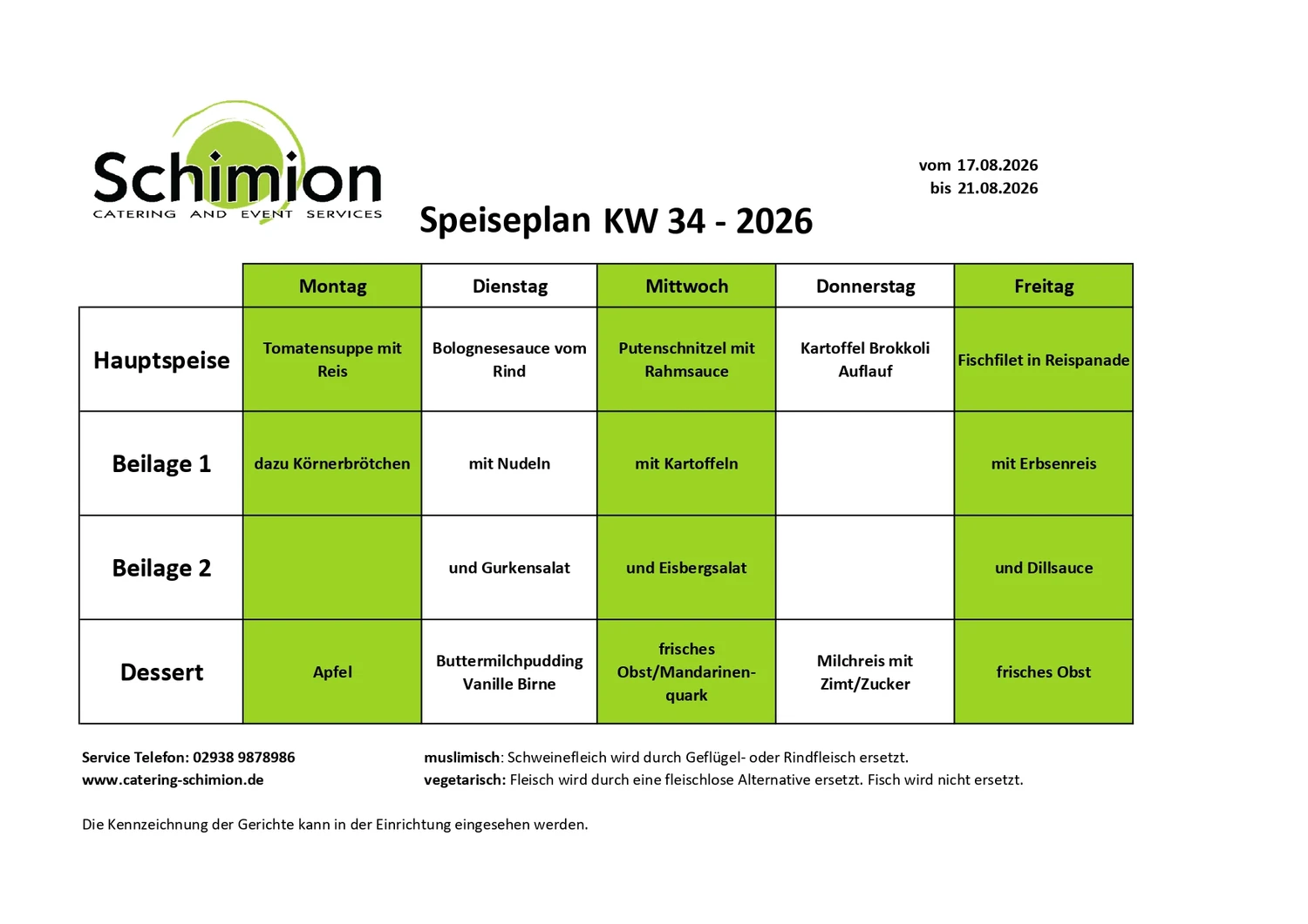 Schimion Cateringservice, Speiseplan für den Kindergarten 