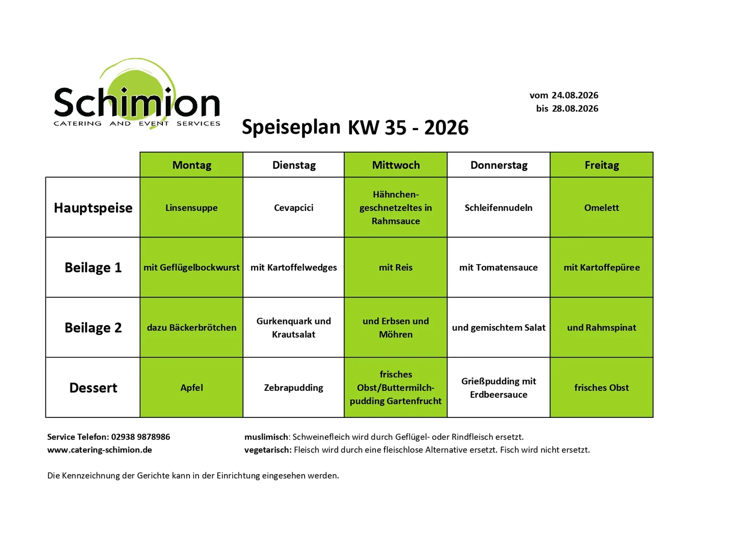 Schimion Cateringservice, Speiseplan für den Kindergarten 