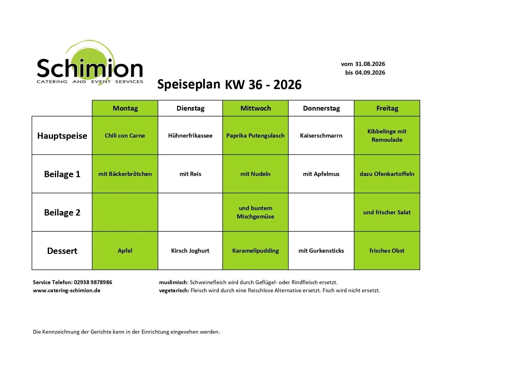 Schimion Cateringservice, Speiseplan für den Kindergarten 