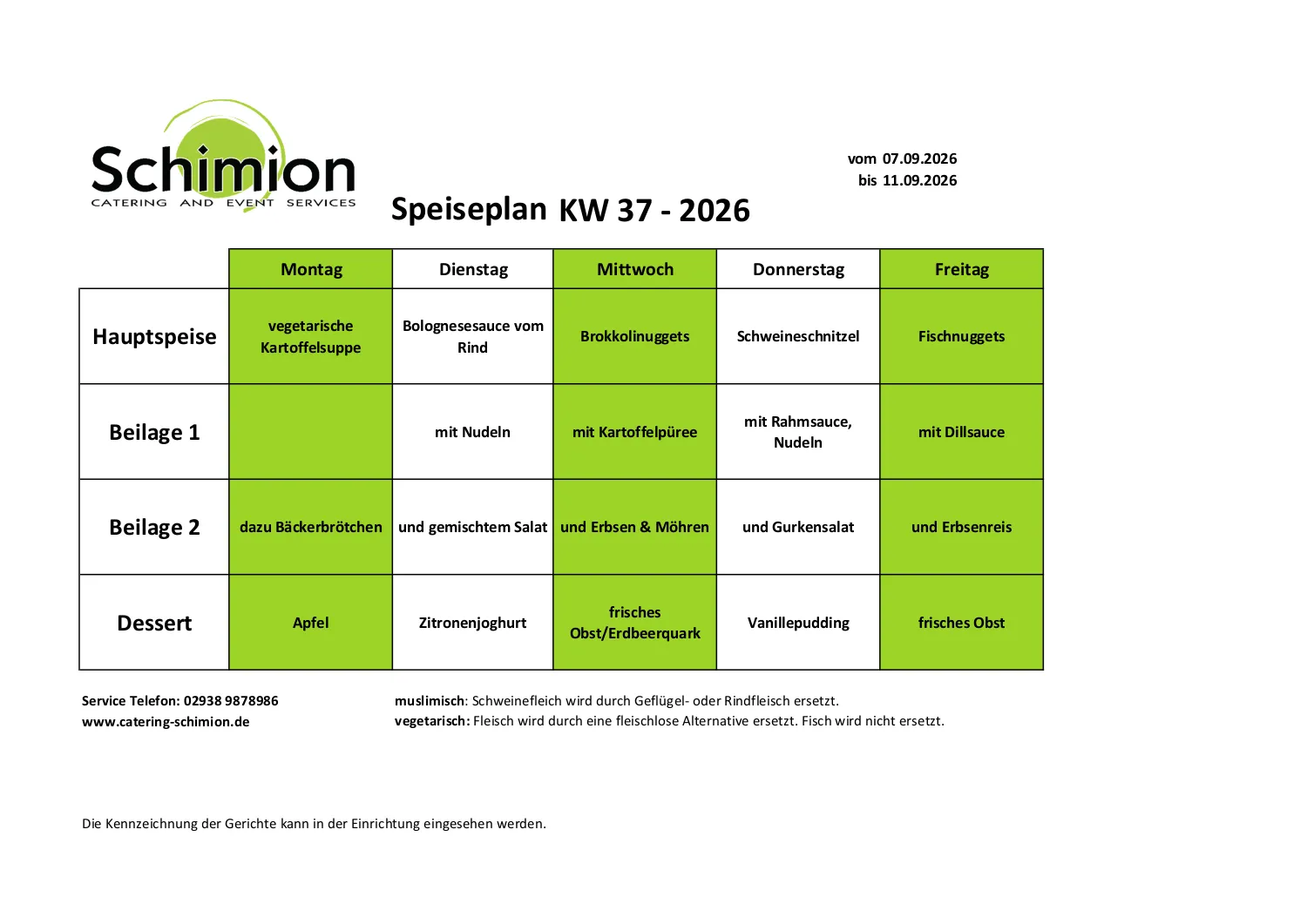 Schimion Cateringservice, Speiseplan für den Kindergarten 