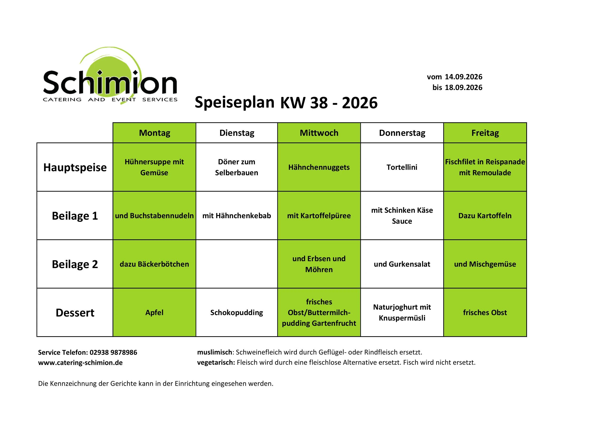 Schimion Cateringservice, Speiseplan für den Kindergarten 