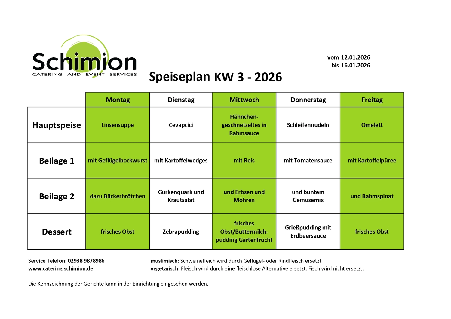 Schimion Cateringservice, Speiseplan für den Kindergarten 