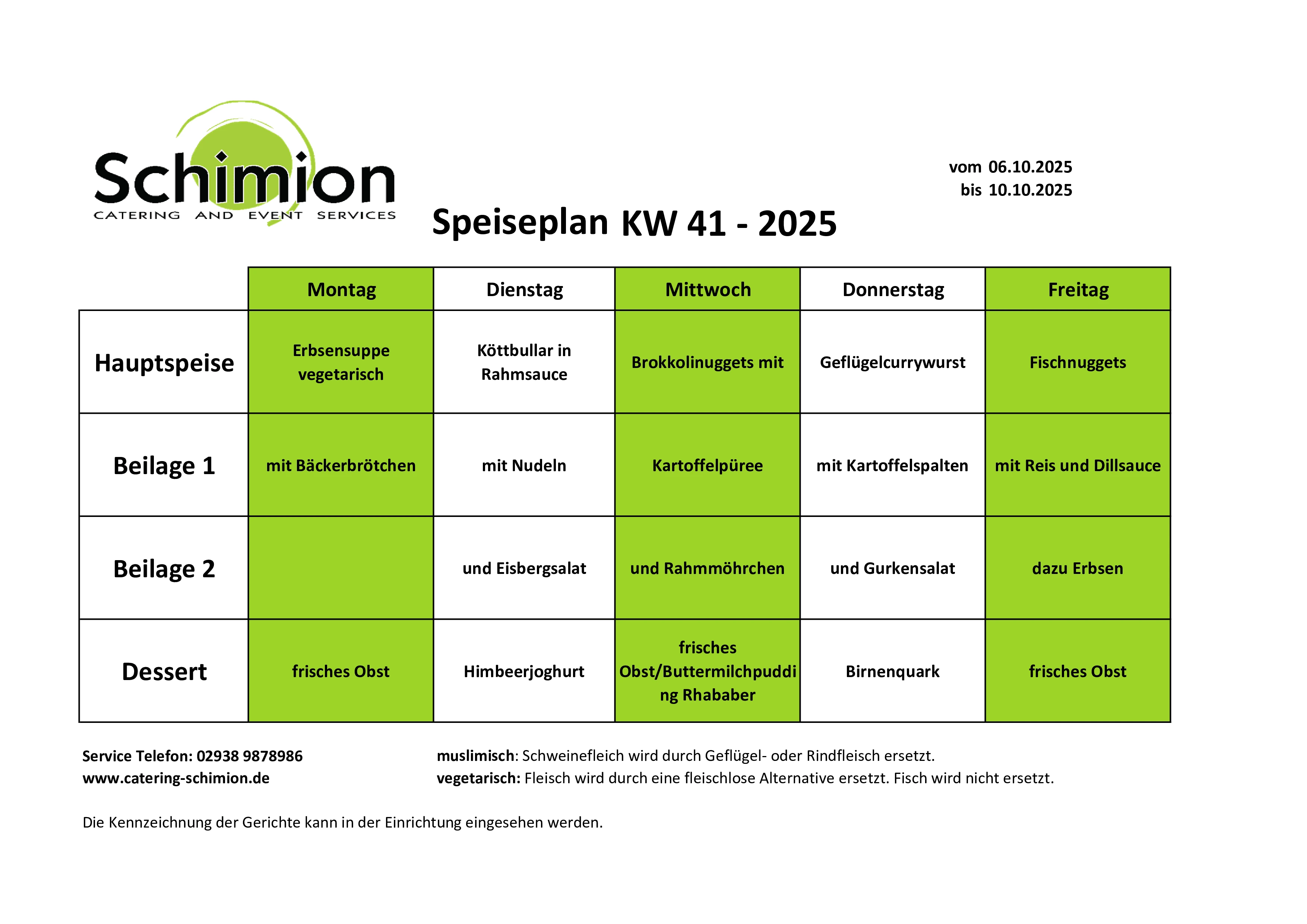Schimion Cateringservice, Speiseplan für den Kindergarten 