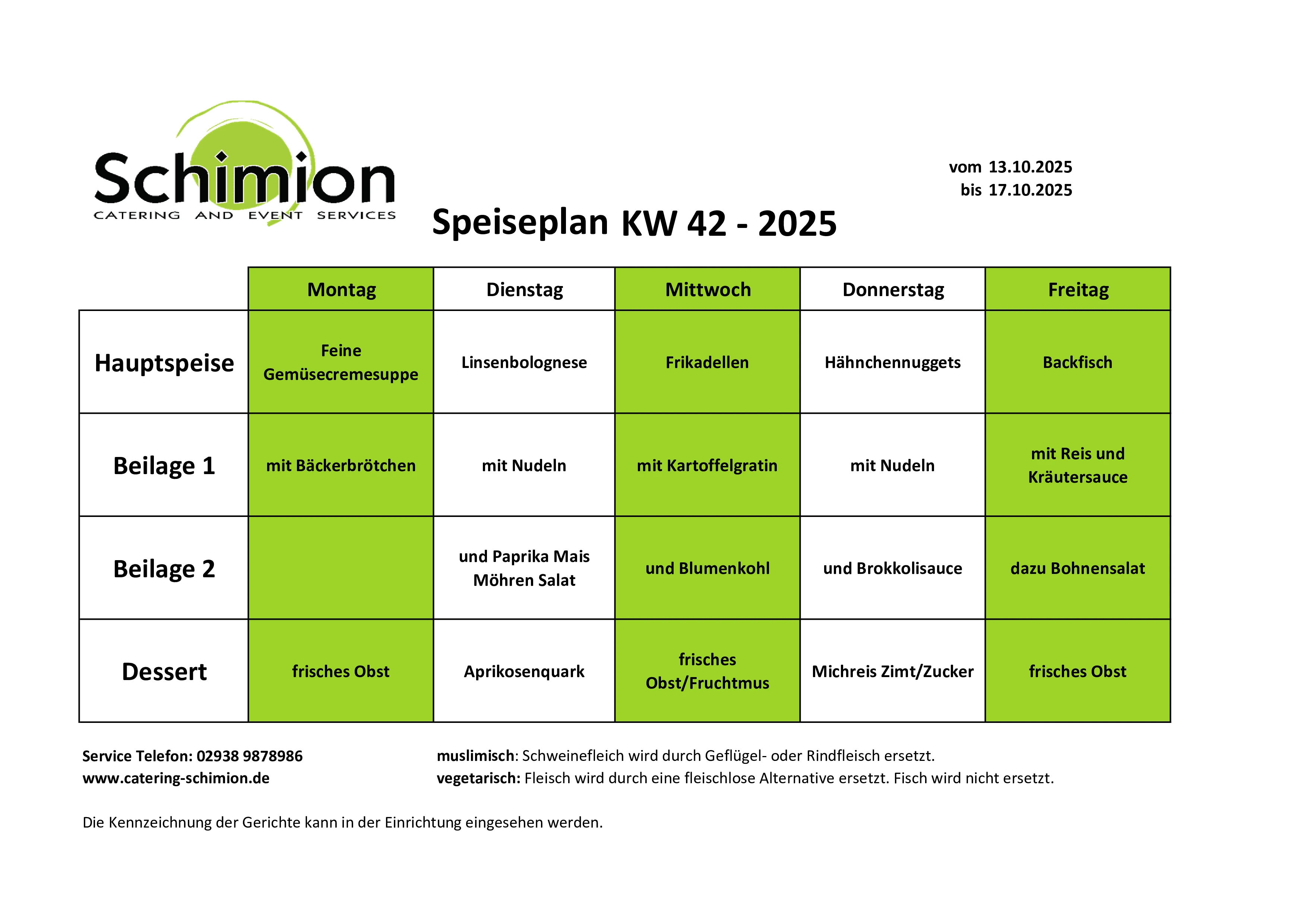 Schimion Cateringservice, Speiseplan für den Kindergarten 