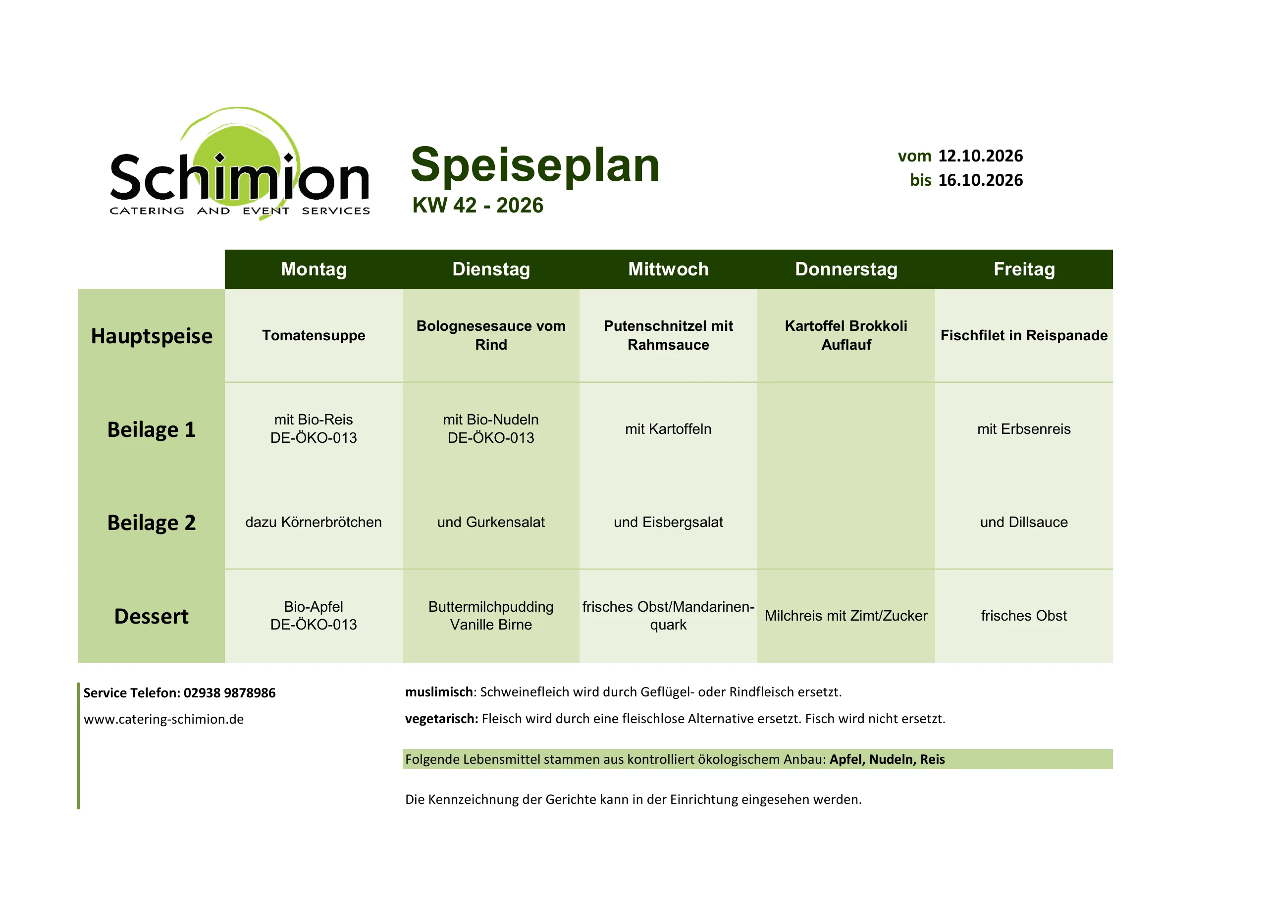Schimion Cateringservice, Speiseplan für den Kindergarten