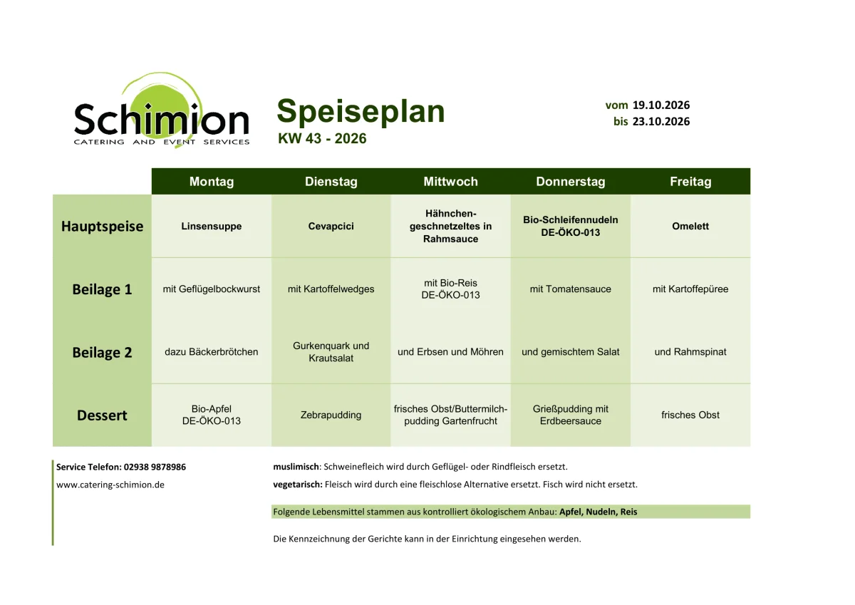 Schimion Cateringservice, Speiseplan für den Kindergarten