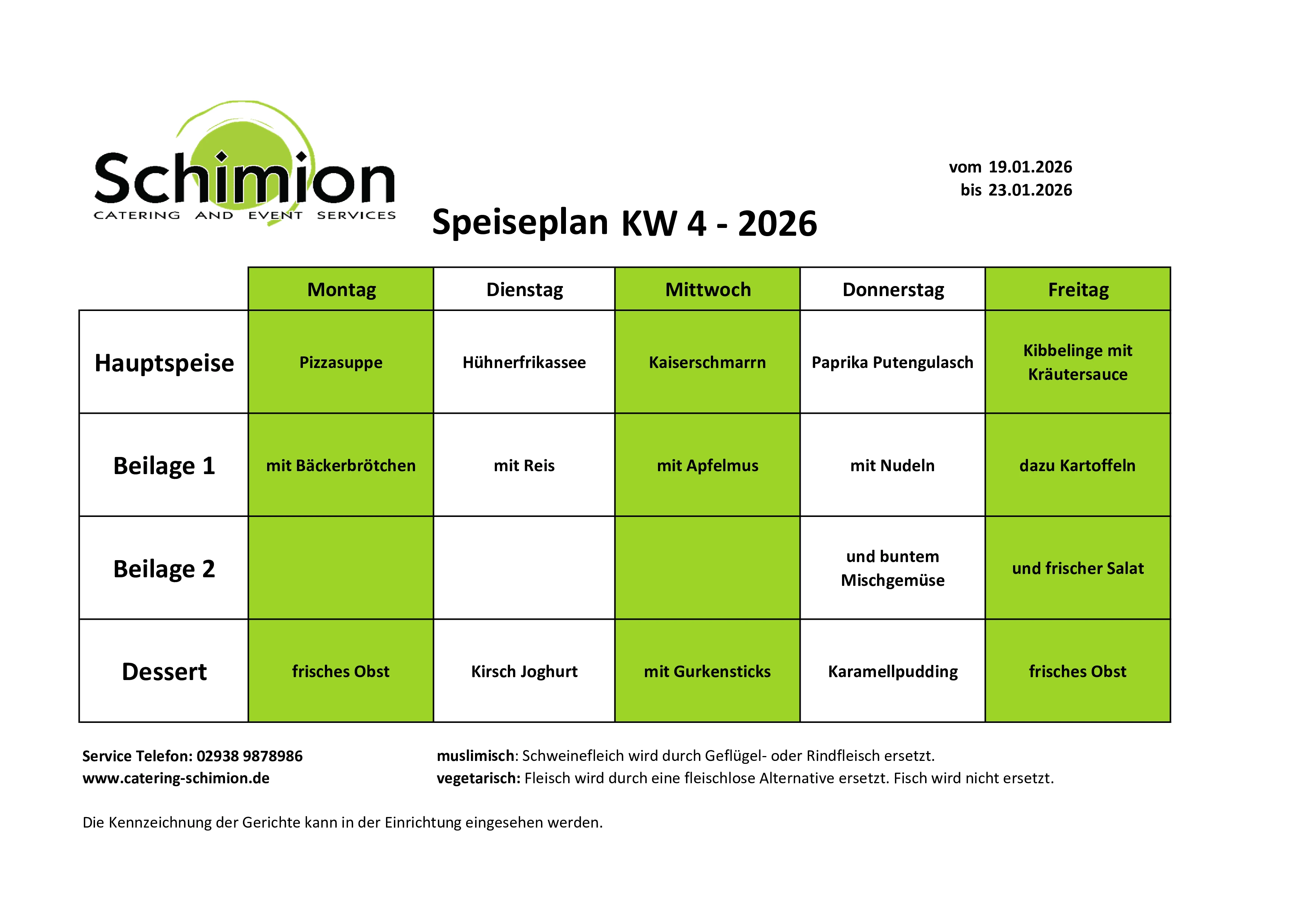 Schimion Cateringservice, Speiseplan für den Kindergarten 