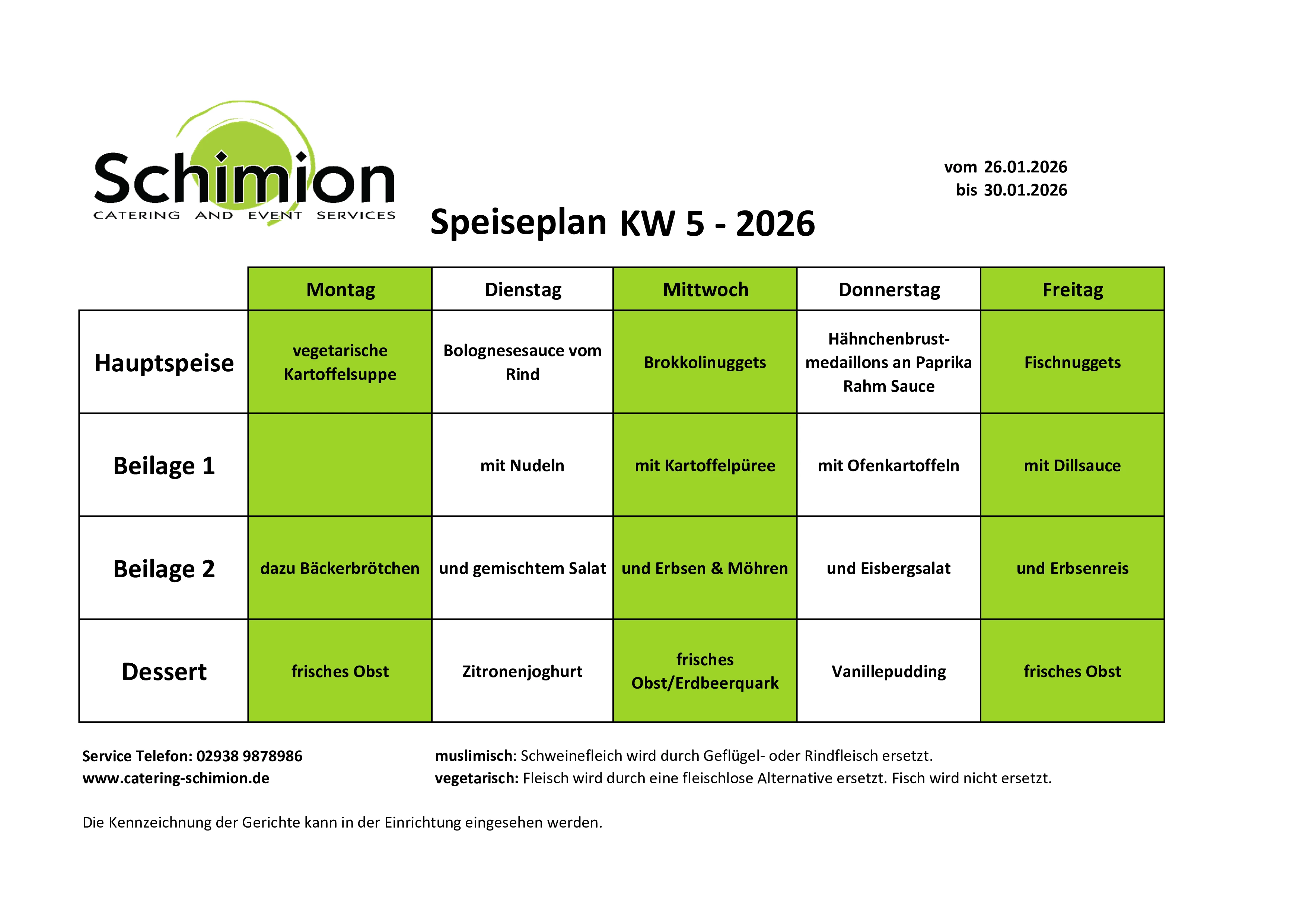 Schimion Cateringservice, Speiseplan für den Kindergarten 